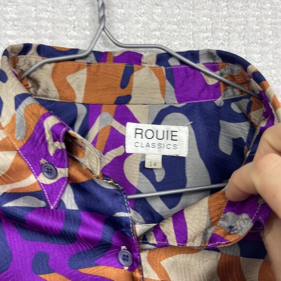 Y2K Rouie Purple / Orange camo AOP Button Up Top Sz 14 Funky Party Canada Made - Picture 7 of 14
